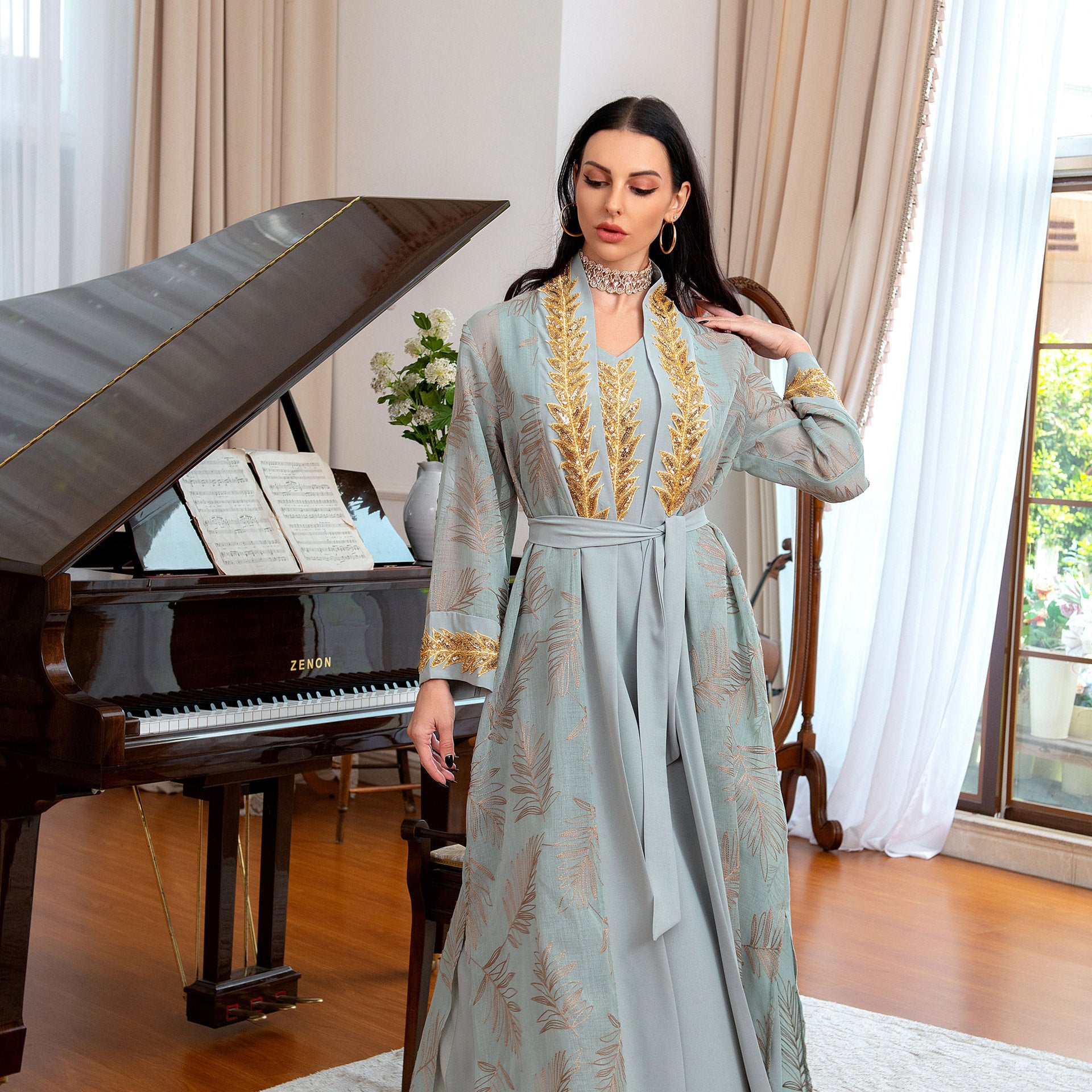 Elegant Muslim Long Evening Dress with Sequin Embroidery